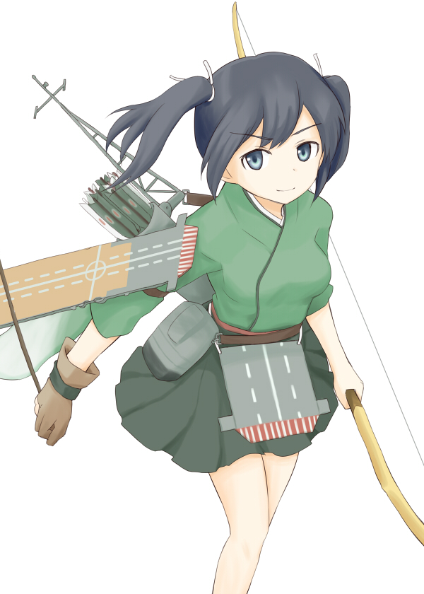 archery arka arrow black_hair blue_eyes blush bow_(weapon) breasts flight_deck gloves japanese_clothes kantai_collection kyuudou medium_breasts partly_fingerless_gloves quiver ribbon short_hair single_glove skirt smile solo souryuu_(kantai_collection) twintails weapon yugake