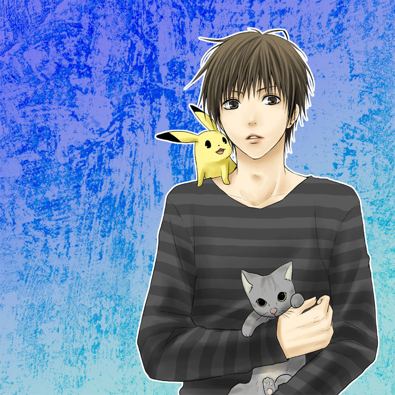 1boy cat pikachu rito453 short_hair simple_background standing