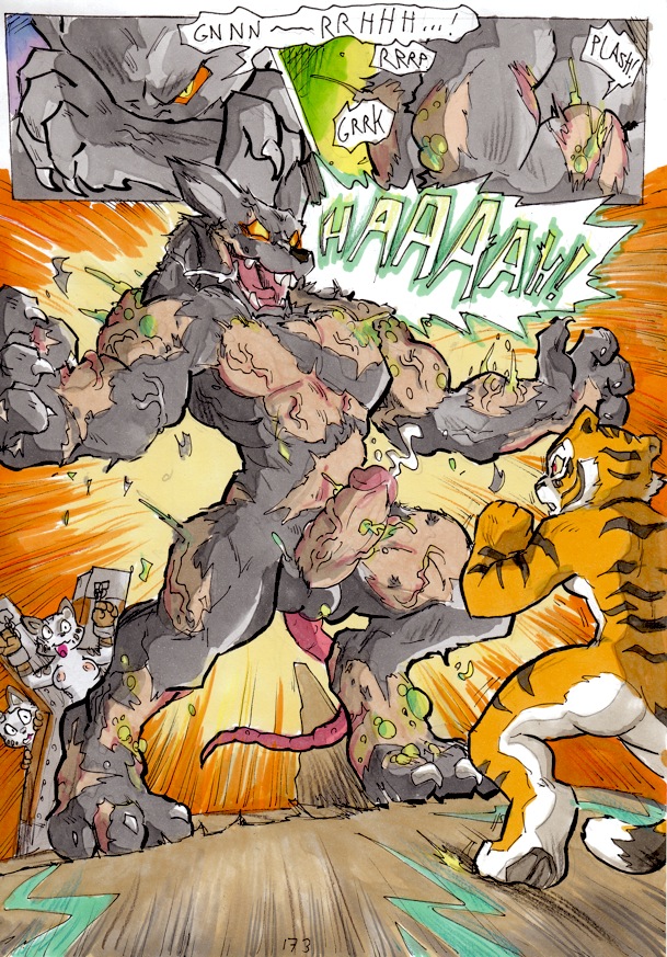 better_late_than_never big_breasts breasts butt comic cum daigaijin drooling english_text feline fight flexing infection kung_fu_panda male mammal master_tigress penis rat rodent saliva song(character) text tiger warts welts