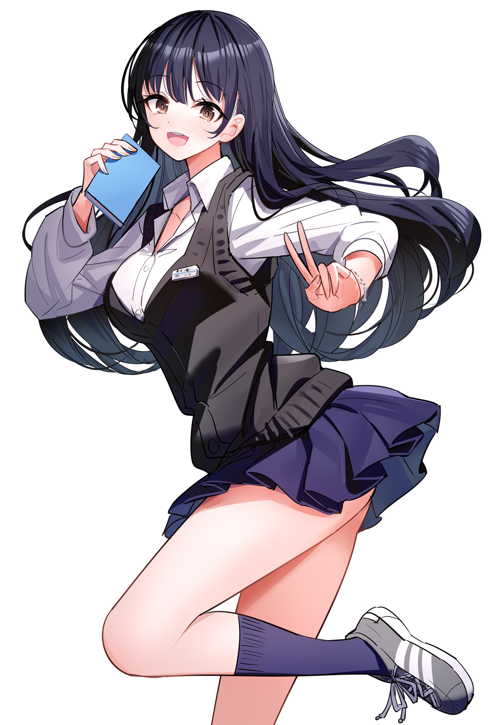 1girl :d black_hair blue_skirt blue_socks blush boku_no_kokoro_no_yabai_yatsu breasts brown_eyes cardigan_vest collared_shirt commentary_request dress_shirt from_side grey_footwear hand_up highres holding long_hair long_sleeves looking_at_viewer looking_to_the_side medium_breasts pleated_skirt puffy_long_sleeves puffy_sleeves ririko_(zhuoyandesailaer) school_uniform shirt shoes simple_background skirt smile socks solo standing standing_on_one_leg teeth upper_teeth_only v very_long_hair white_background white_shirt yamada_anna