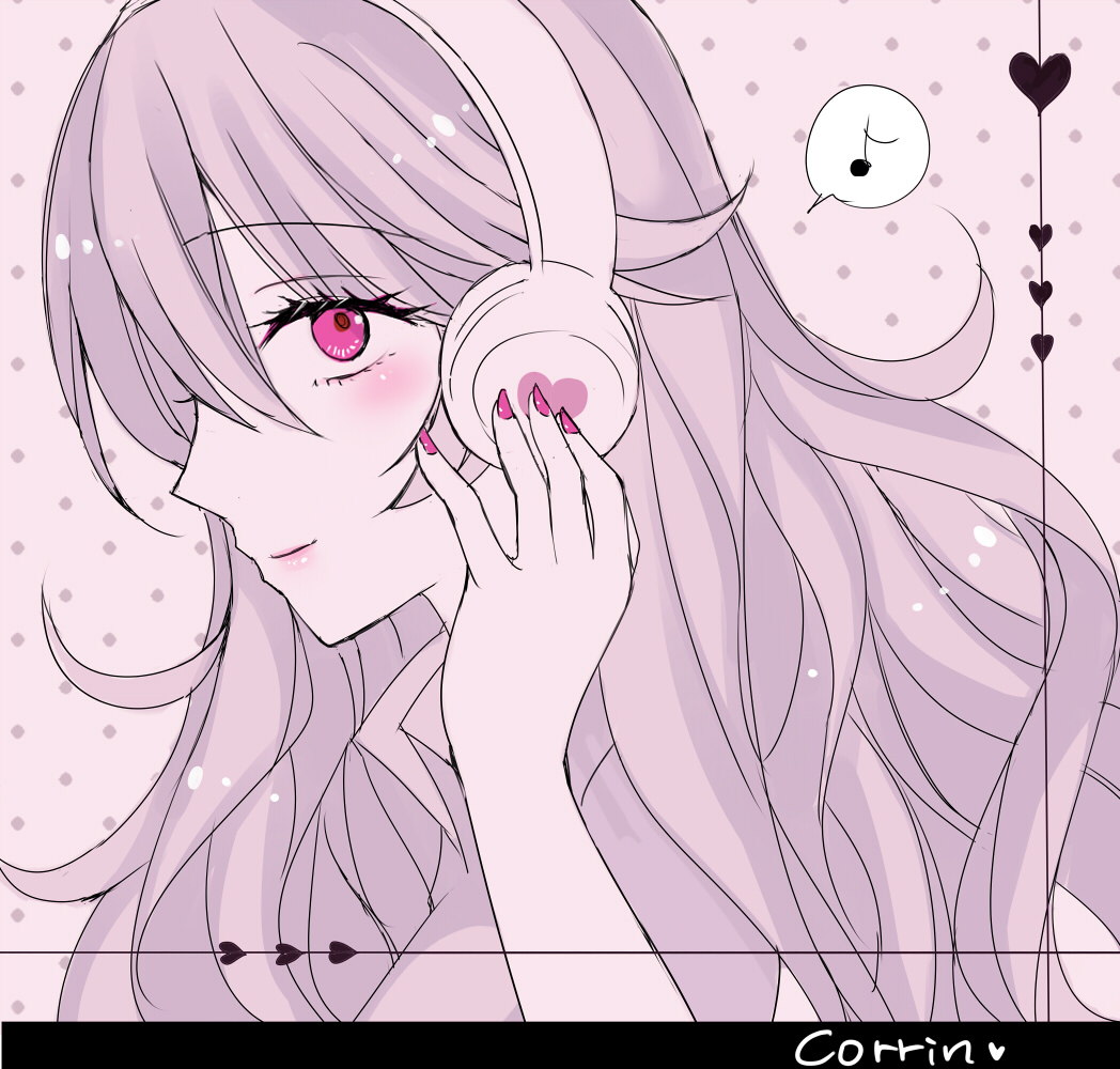 1girl character_name closed_mouth collared_dress corrin_(female)_(fire_emblem) corrin_(fire_emblem) dress eighth_note fire_emblem fire_emblem_fates hair_between_eyes hand_on_headphones hand_up heart kirishima_riona long_hair musical_note pink_background pink_eyes polka_dot polka_dot_background profile simple_background smile solo spoken_musical_note upper_body