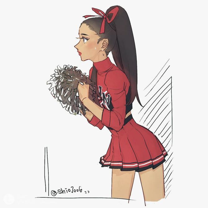 1girl animification ariana_grande blush brown_eyes brown_hair cheerleader from_side grey_background hair_behind_ear hair_ribbon holding holding_pom_poms lily_(shio1006) long_hair pleated_skirt pom_pom_(cheerleading) ponytail real_life red_lips red_ribbon red_shirt red_skirt ribbon shirt skirt solo turtleneck_shirt twitter_username