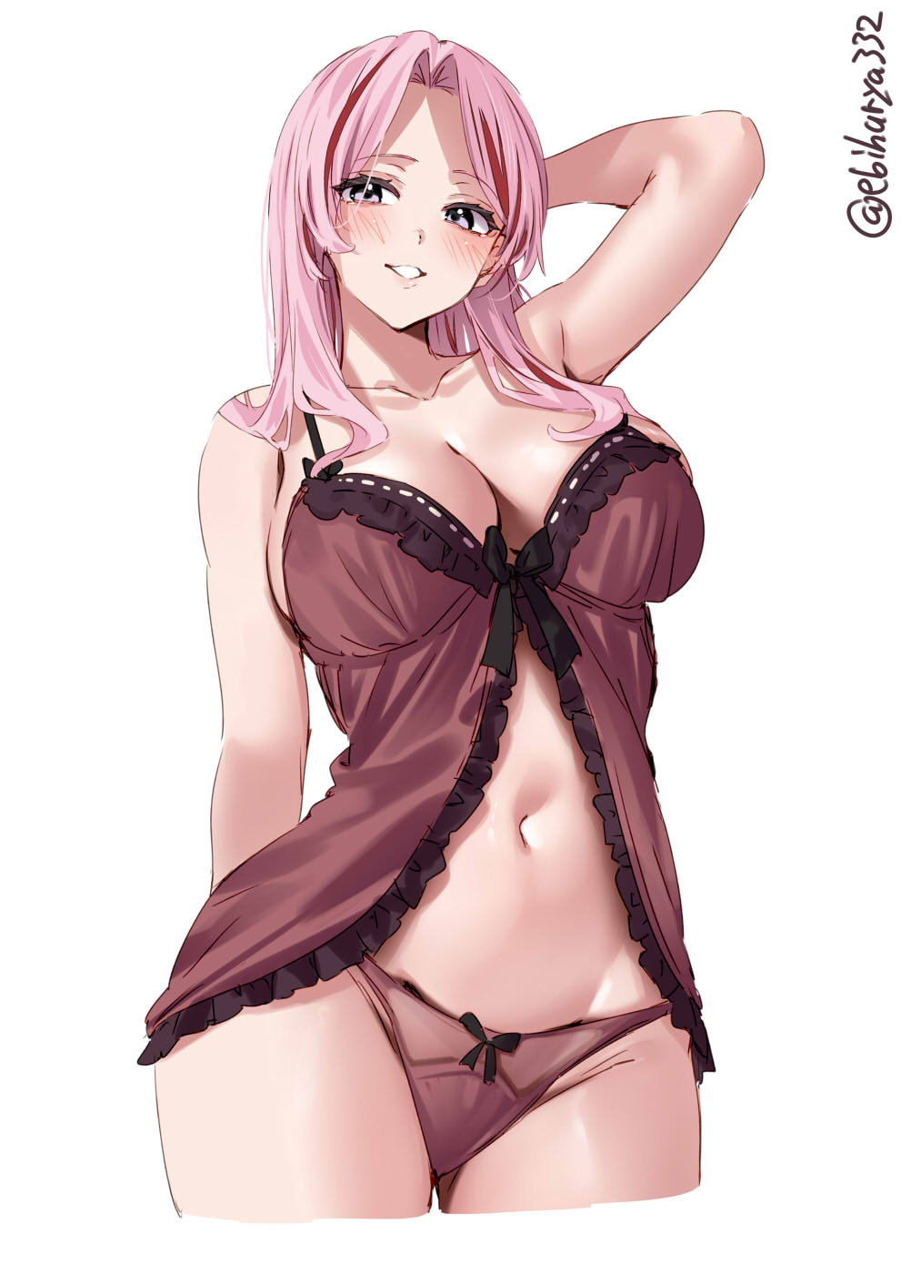 1girl arm_up ass_visible_through_thighs babydoll black_ribbon blush breasts collarbone cowboy_shot cropped_legs ebifurya hair_between_eyes highres kantai_collection large_breasts lingerie long_hair looking_at_viewer luigi_di_savoia_duca_degli_abruzzi_(kancolle) multicolored_hair navel one-hour_drawing_challenge panties parted_bangs pink_hair purple_eyes red_babydoll red_hair red_panties ribbon sidelocks simple_background smile solo streaked_hair thighs twitter_username underwear white_background