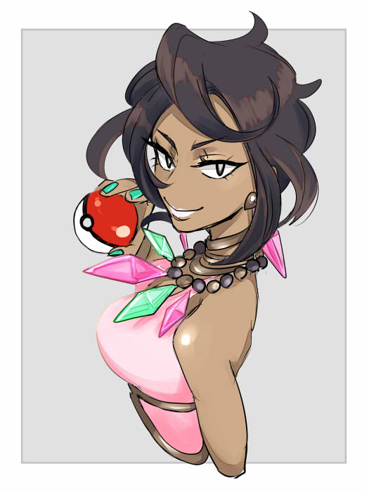 1girl aqua_gemstone bare_arms bead_necklace beads black_hair breasts cropped_arms cropped_torso dark-skinned_female dark_skin diamond_(gemstone) diamond_(shape) diamond_earrings earrings halter_shirt halterneck holding holding_poke_ball jewelry large_breasts looking_at_viewer necklace ok_letsgo olivia_(pokemon) pink_gemstone pink_lips pink_shirt poke_ball poke_ball_(basic) pokemon pokemon_sm shirt short_hair solo upper_body