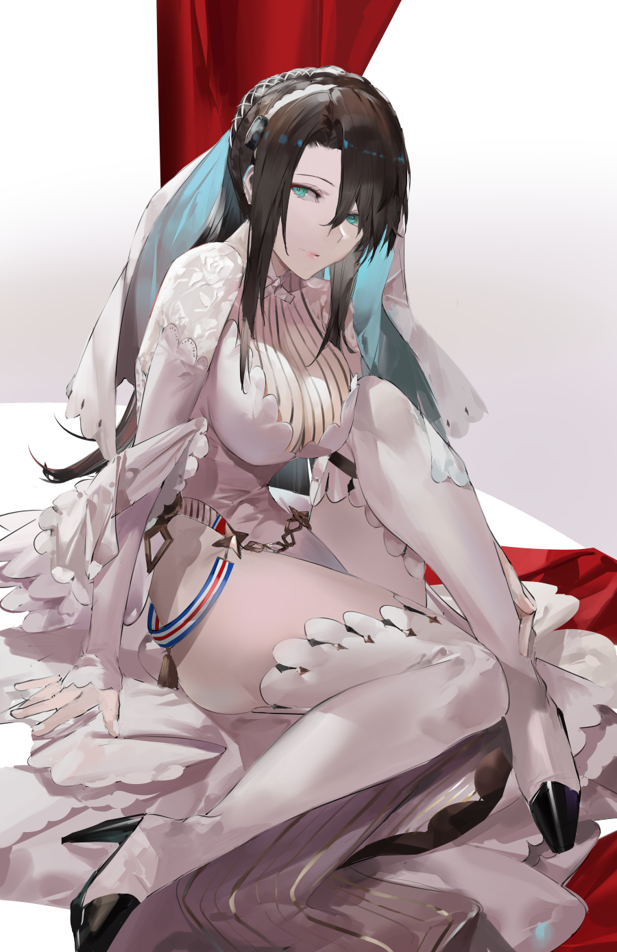 1girl aqua_eyes blazpu boots breasts bridal_veil brown_hair dress full_body girls'_frontline high_heel_boots high_heels highleg highleg_leotard highres lee-enfield_(girls'_frontline) lee-enfield_(lifelong_protector)_(girls'_frontline) leotard long_hair looking_at_viewer official_alternate_costume simple_background sitting solo thigh_boots veil wedding_dress white_leotard