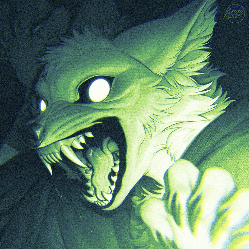 1:1 ambiguous_gender anthro azuza bodily_fluids canid cheek_tuft clothed clothing dripping facial_tuft fangs green_theme head_tuft inner_ear_fluff looking_at_viewer mammal open_mouth saliva saliva_drip saliva_string sharp_teeth solo teeth topwear tuft