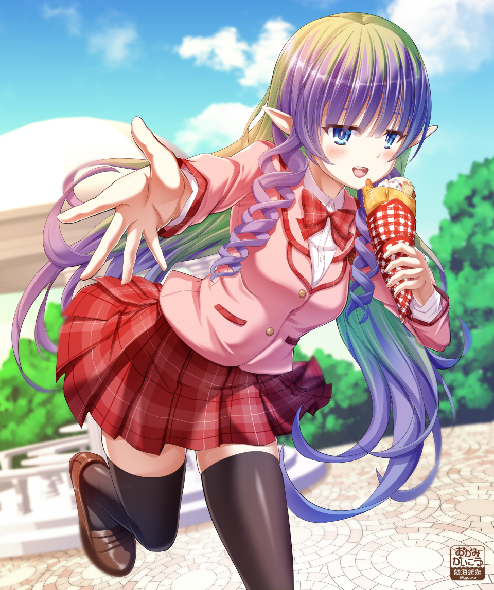 1girl ameth_(princess_connect!) black_thighhighs blazer blue_eyes blunt_bangs bow bowtie brown_footwear buttons chauke collared_shirt crepe drill_hair drill_sidelocks food food_wrapper green_hair holding holding_food jacket long_hair multicolored_hair pleated_skirt pointy_ears princess_connect! purple_hair red_bow red_bowtie red_skirt ringlets school_uniform shirt shoes sidelocks skirt solo thighhighs two-tone_hair very_long_hair