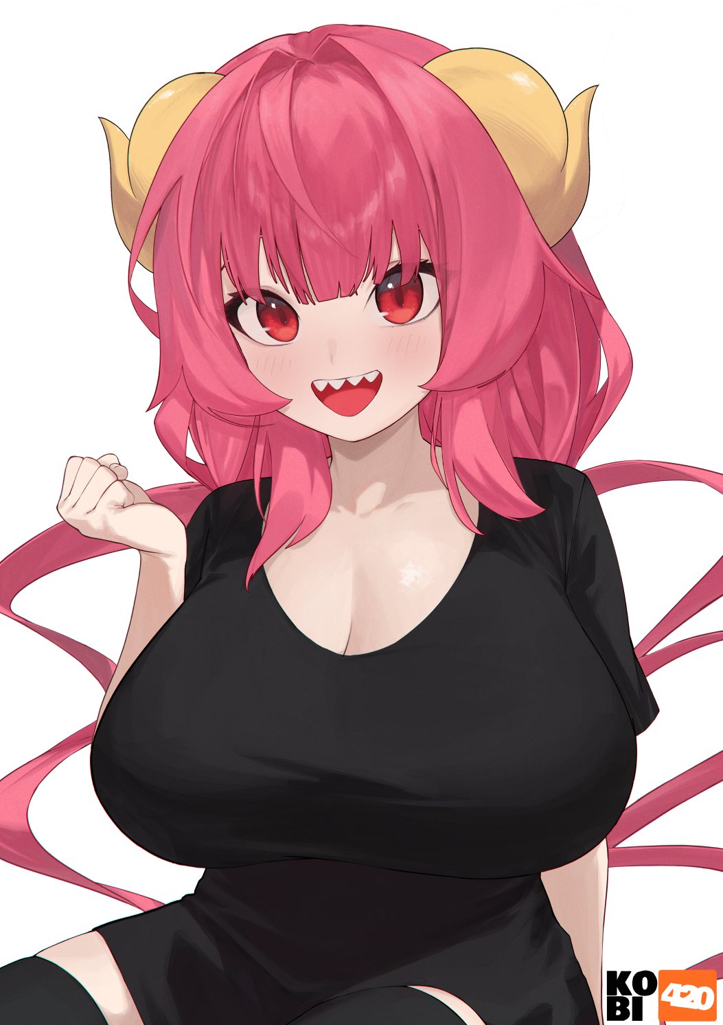 1girl :d arm_support artist_logo artist_name black_shirt black_thighhighs breasts cleavage clenched_hand commentary curled_horns dragon_girl dragon_horns hand_up highres horns huge_breasts ilulu_(maidragon) kobayashi-san_chi_no_maidragon kobi420 light_blush long_hair looking_at_viewer open_mouth pink_hair red_eyes sharp_teeth shirt short_sleeves simple_background sitting slit_pupils smile solo symbol-only_commentary teeth thighhighs very_long_hair white_background yellow_horns