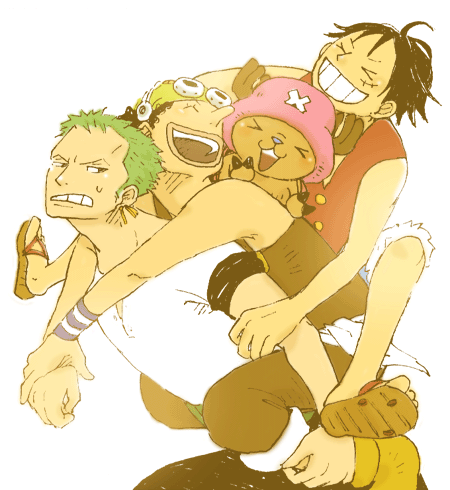 black_hair carry carrying green_hair hat lowres male male_focus monkey_d_luffy multiple_boys one_piece piggyback reindeer roronoa_zoro smile tony_tony_chopper usopp