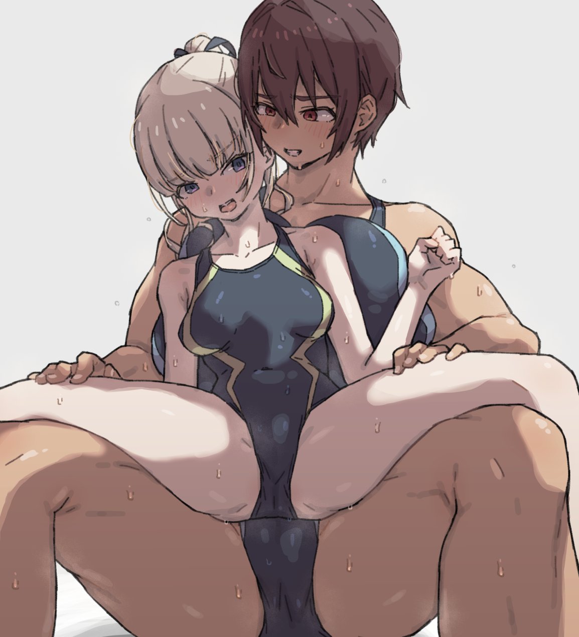 2girls blonde_hair blue_eyes breasts brown_hair carrying carrying_person competition_school_swimsuit dark-skinned_female dark_skin gym_uniform hands_on_another's_thighs height_difference highres kei_(m_k) large_breasts long_hair m_k multiple_girls original ponytail red_eyes rika_(m_k) school_swimsuit short_hair simple_background size_difference sweat swimsuit tall tall_female tan tomboy yuri