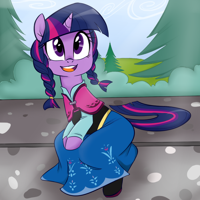 alternate_hairstyle anna_(frozen) clothed clothing equine female friendship_is_magic frozen_(movie) fur hair horn horse jessy mammal my_little_pony outside pony purple_eyes purple_fur sky solo thesassyjessy tree twilight_sparkle_(mlp) two_tone_hair unicorn