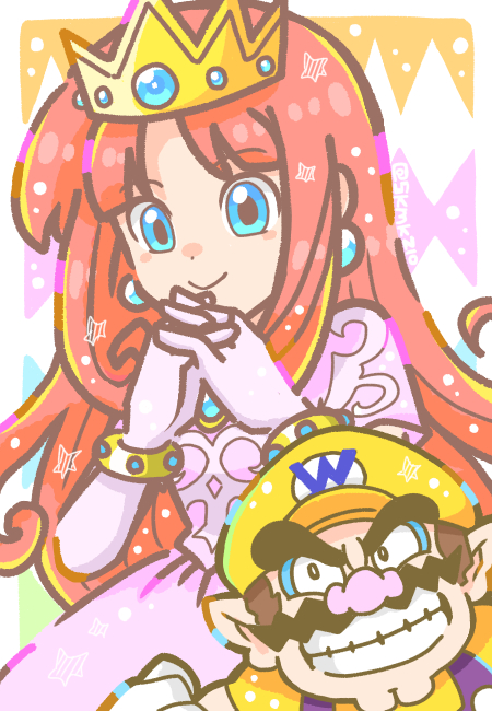 1boy 1girl blue_eyes bracelet clenched_teeth commentary_request crown dress earrings facial_hair hat jewelry long_hair mustache pink_dress pointy_ears princess_shokora shirt skmkz10 smile teeth thick_eyebrows wario wario_land wario_land_4 yellow_headwear yellow_shirt