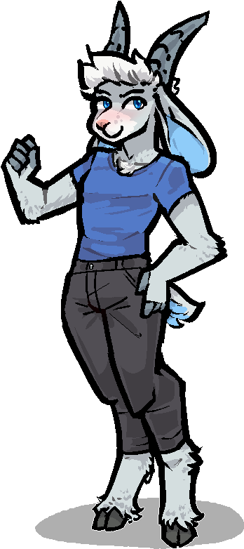 alpha_channel anthro biped blue_clothing blue_shirt blue_topwear bottomwear bovid caprine clothed clothing fingers fur goat hair hooves horn jam_(artist) male mammal pants shirt simple_background smile solo tail topwear transparent_background