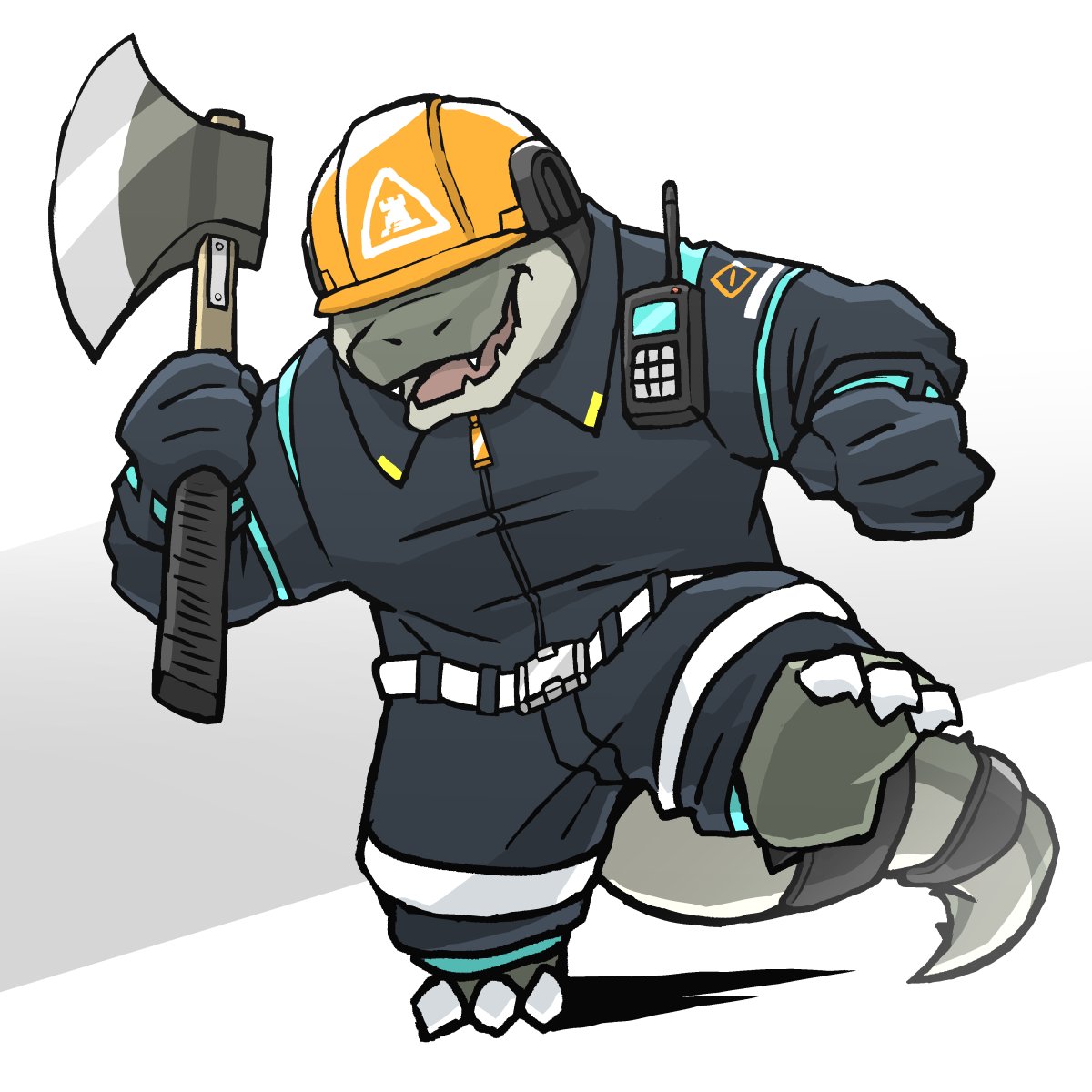 alligator alligatorid anthro armor coveralls covered_eyes crocodilian feet headgear helmet hi_res holding_axe kajimaru_0507 lumberjack lumberjack_(arknights) male reptile scalie simple_background smile solo walkie-talkie white_background worksuit workwear