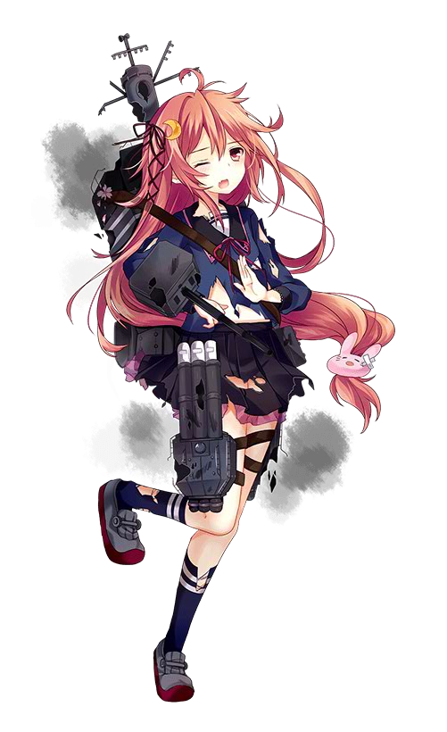 bunny_hair_ornament crescent crescent_hair_ornament full_body hair_ornament hair_ribbon kantai_collection kusada_souta long_sleeves looking_at_viewer neckerchief official_art one_eye_closed open_mouth orange_hair pleated_skirt ribbon school_uniform skirt solo torn_clothes transparent_background uzuki_(kantai_collection) wince
