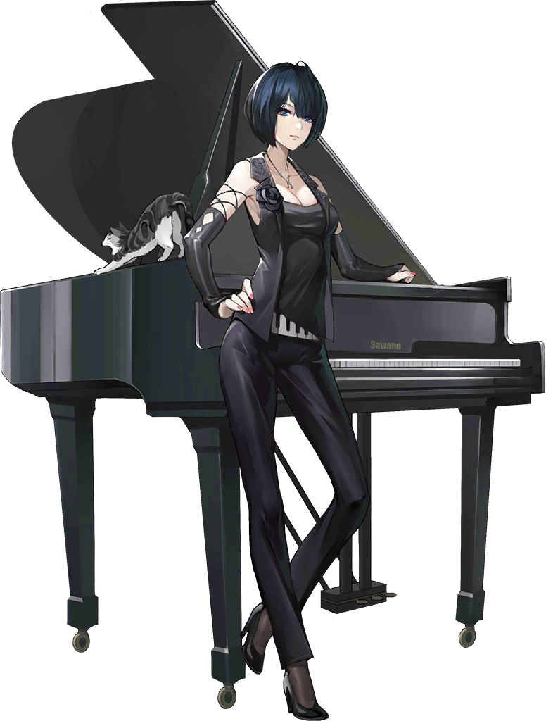 1girl bare_shoulders black_footwear black_hair black_pants blue_eyes breasts cat character_name cleavage closed_mouth full_body high_heels instrument iron_saga jewelry nail_polish necklace official_art pants piano pink_nails sawano_hiroko_(iron_saga) solo standing third-party_source transparent_background