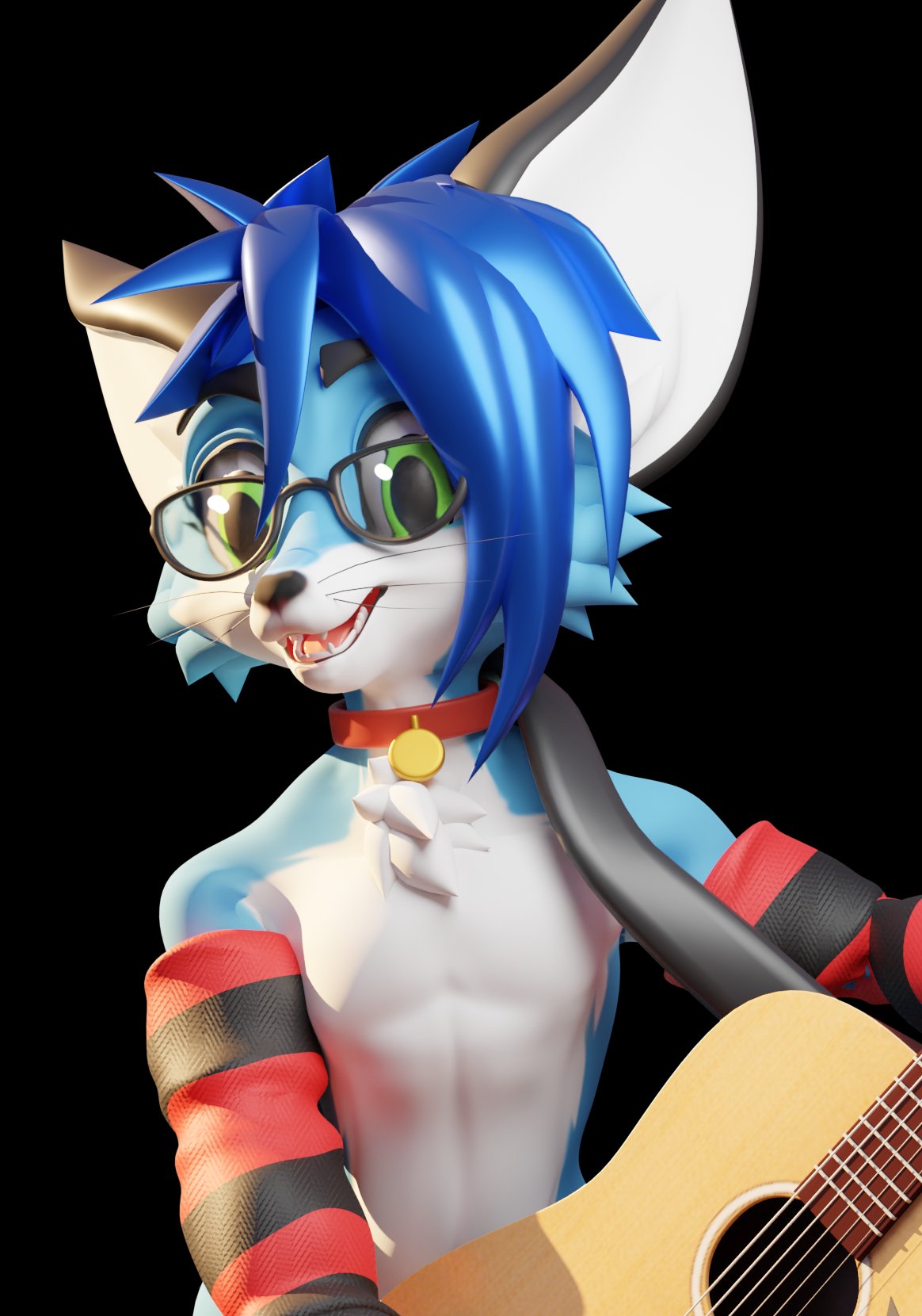 3d_(artwork) anthro arm_warmers armwear big_ears blue_body blue_fur blue_hair canid canine chest_tuft clothing collar digital_media_(artwork) dragoon343 eyewear fangs fennec fox fur girly glasses green_eyes guitar hair hi_res male mammal musical_instrument plucked_string_instrument seth_emerald slim solo string_instrument teeth tuft waist_up whiskers white_body white_fur