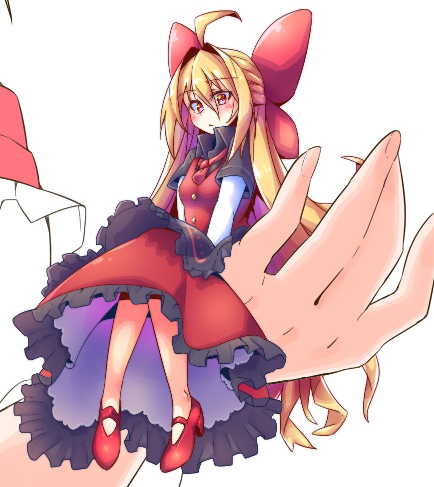 1girl ahoge alice_margatroid alternate_costume blonde_hair blush bow commentary doll dondyuruma dress frilled_dress frills hair_bow high_heels hourai_doll long_hair long_sleeves looking_at_viewer red_bow red_dress red_eyes red_footwear sitting sitting_on_hand solo touhou very_long_hair