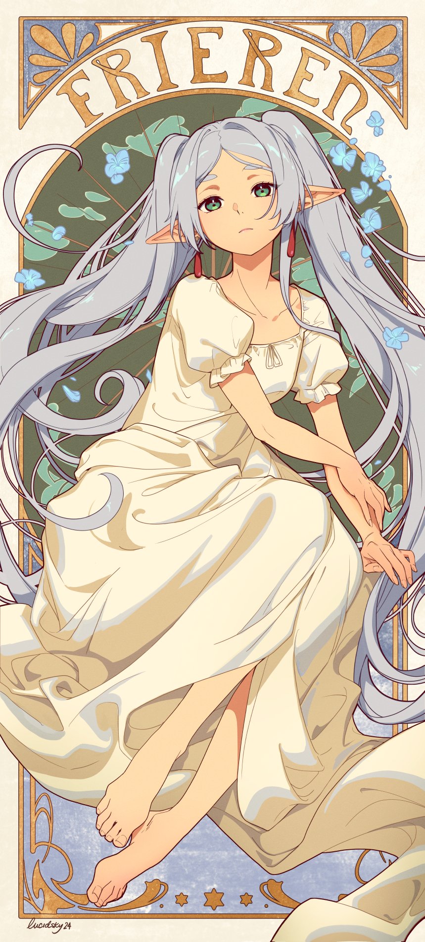 1girl artist_name barefoot blue_flower border breasts character_name closed_mouth collarbone commentary dated dress earrings elf english_commentary feet flower frieren full_body green_background green_eyes grey_hair highres invisible_chair jewelry long_hair lucidsky parted_bangs pointy_ears puffy_short_sleeves puffy_sleeves shadow short_eyebrows short_sleeves signature sitting small_breasts solo sousou_no_frieren toenails toes twintails very_long_hair white_dress
