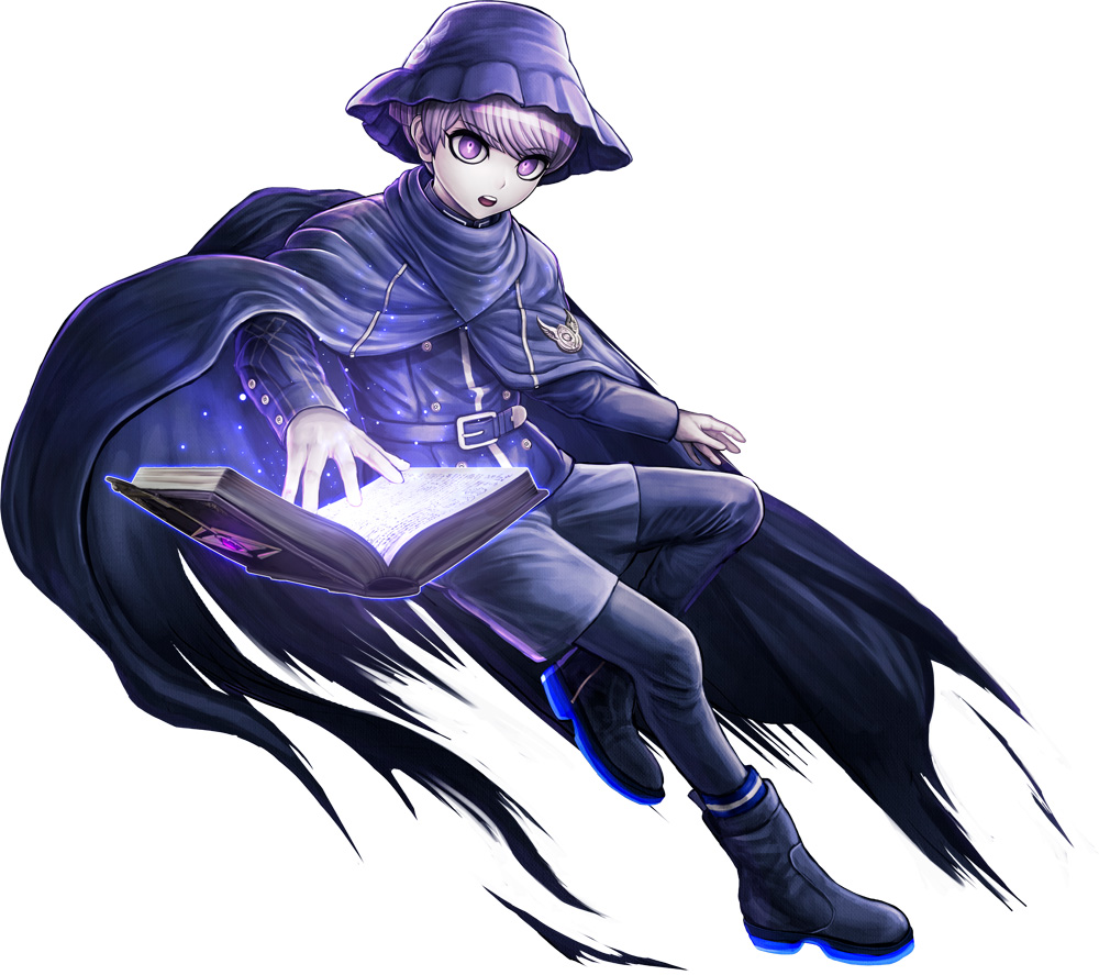 1boy belt black_footwear blue_belt blue_cape blue_jacket blue_shorts book boots cape commentary_request floating floating_object full_body grimoire hat jacket komatsuzaki_rui long_sleeves looking_at_viewer male_focus master_detective_archives:_rain_code official_art open_book open_mouth purple_eyes purple_hair second-party_source short_hair shorts simple_background solo standing standing_on_one_leg symbol-shaped_pupils torn_cape torn_clothes white_background yuma_kokohead