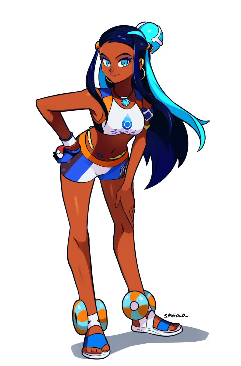 1girl artist_name belly_chain bike_shorts black_hair blue_eyes blue_eyeshadow blue_gloves blue_hair closed_mouth dark-skinned_female dark_skin english_commentary eyelashes eyeshadow full_body gloves hand_on_own_hip highres holding holding_poke_ball jewelry leaning_forward makeup multicolored_hair navel necklace nessa_(pokemon) poke_ball poke_ball_(basic) pokemon pokemon_swsh simple_background single_glove smgold smile solo standing streaked_hair twitter_username two-tone_hair white_background white_wristband