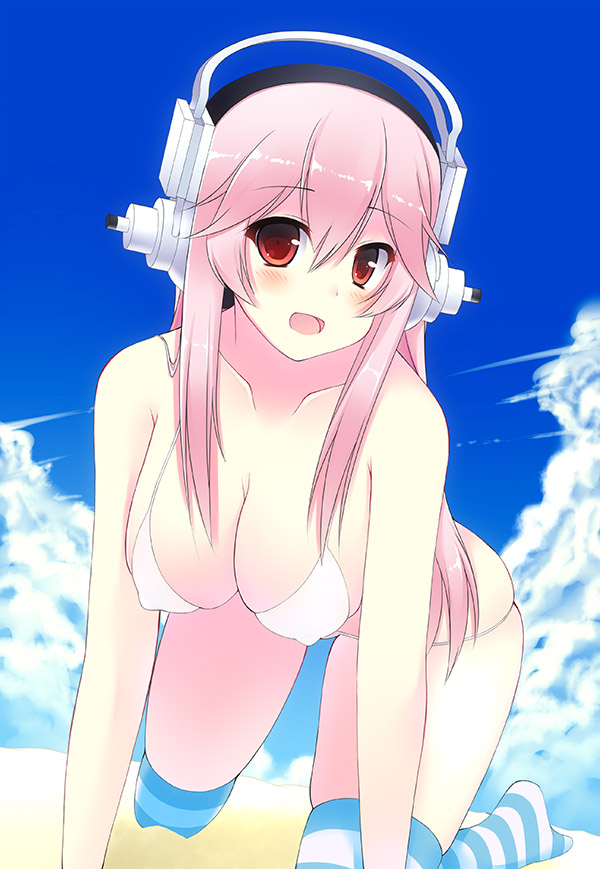 :d all_fours bad_id bad_pixiv_id beach bikini blush breasts cleavage cloud covered_nipples day headphones kurono_nekomaru large_breasts long_hair looking_at_viewer navel nitroplus open_mouth outdoors pink_hair red_eyes skindentation sky smile solo striped striped_legwear super_sonico swimsuit thighhighs white_swimsuit