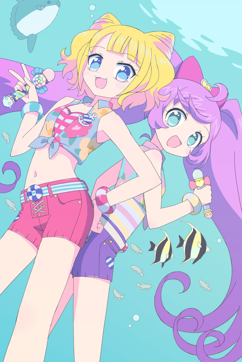 2girls :d ahoge air_bubble back-to-back blonde_hair blue_background blue_eyes blunt_bangs bow bracelet bubble cone_hair_bun cowboy_shot cropped_shirt double_bun dutch_angle fish hair_bow hair_bun hand_on_own_hip hand_up highres holding holding_microphone jewelry ku_(residual666) long_hair looking_at_viewer manaka_laala microphone minami_mirei multiple_girls navel open_mouth pink_bow pretty_series pripara purple_hair purple_shorts red_shorts shirt short_hair short_shorts shorts smile standing striped_clothes striped_shirt tied_shirt tropical_fish twintails underwater v very_long_hair