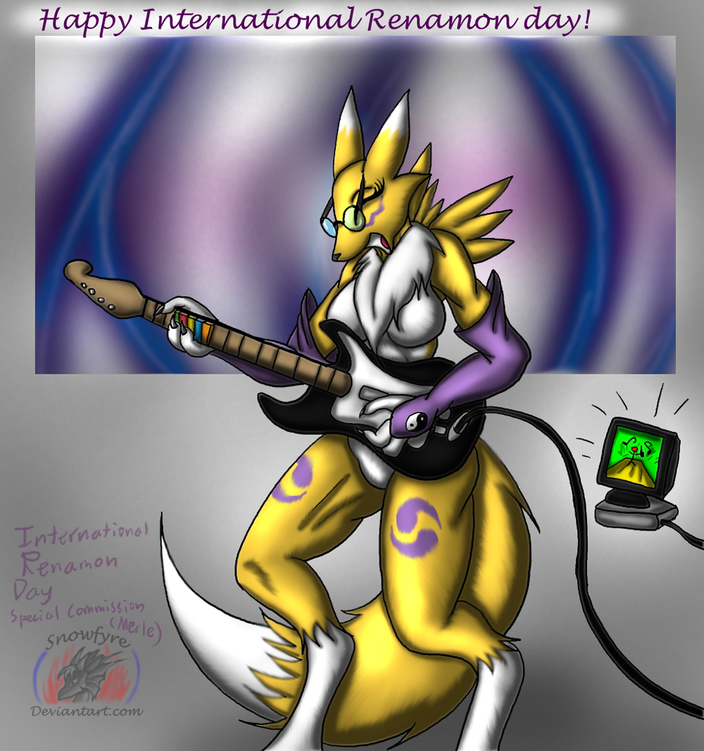 3_fingers anthro black_nose breasts cable canine chest_tuft claws digimon elbow_gloves electric_guitar eyelashes eyes_closed female fox fur gloves mammal open_mouth playing renamon snowfyre solo standing television tongue tuft white_fur yellow_fur yin_yang