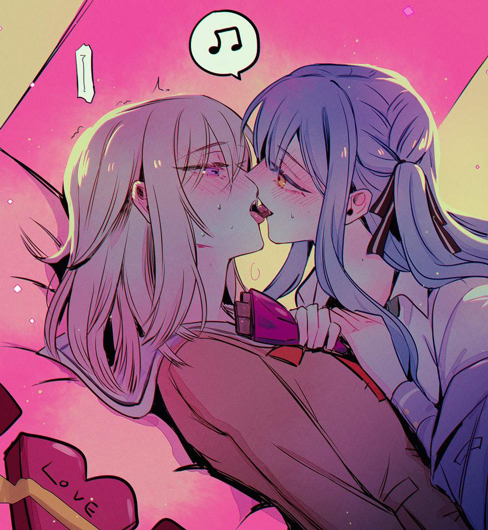 2girls bang_dream! bang_dream!_it's_mygo!!!!! beamed_eighth_notes black_ribbon blonde_hair blue_hair blush box brown_shirt chocolate commentary dutch_angle eye_contact food_in_mouth french_kiss girl_on_top hair_ribbon heart-shaped_box kiss long_sleeves looking_at_another lying lying_on_person maybecrosswise medium_hair misumi_uika multiple_girls musical_note neck_ribbon on_back on_stomach purple_eyes red_ribbon ribbon shared_food shirt spoken_musical_note sweat togawa_sakiko tongue tongue_out two_side_up yellow_eyes yuri