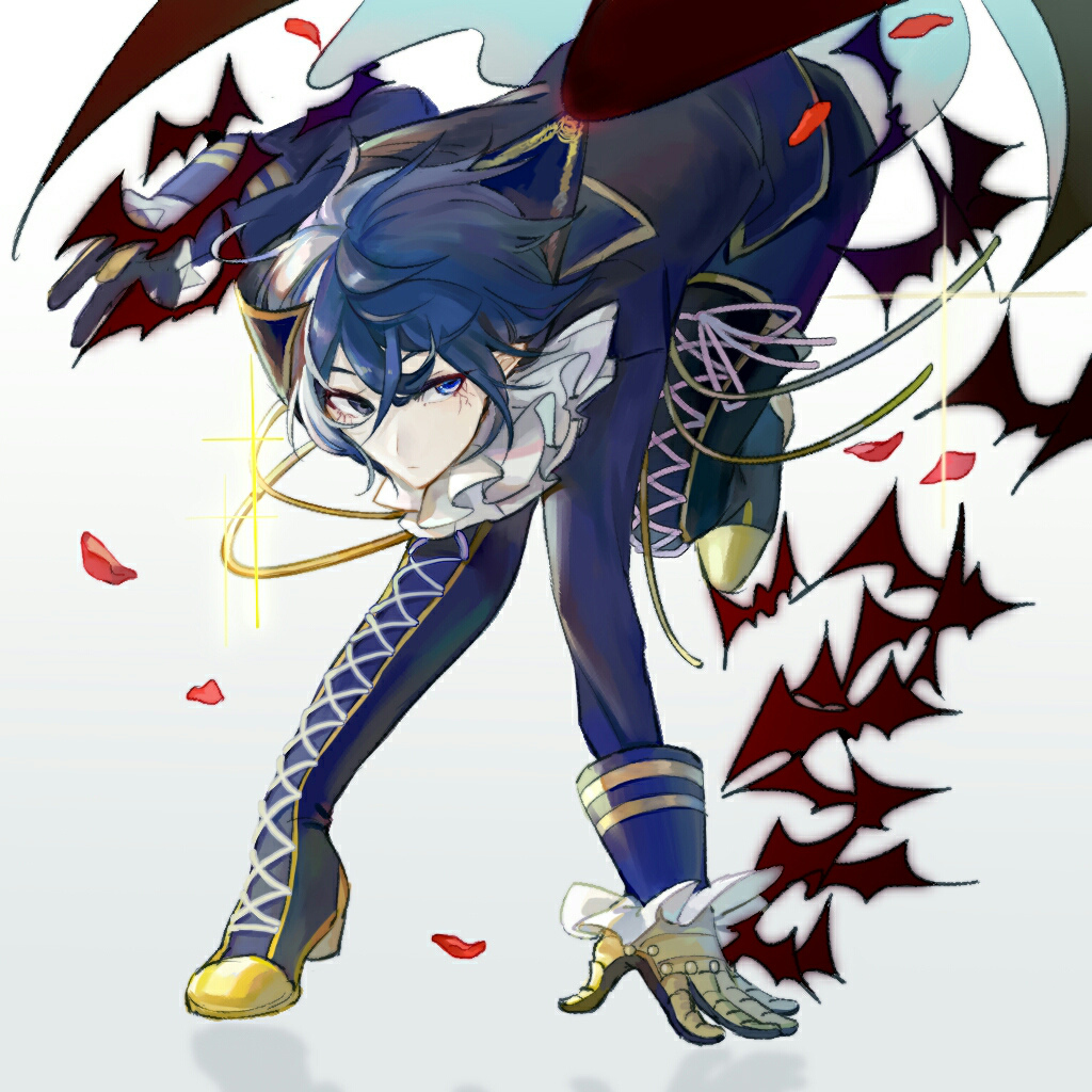 1boy ascot bat_(animal) beileimao bent_over bishounen blue_eyes blue_hair boots commentary_request cracked_skin cross-laced_footwear dynamic_pose facing_viewer frilled_sleeves frills full_body gloves grey_eyes hand_on_ground heterochromia high_heel_boots high_heels kaito_(vocaloid) lace-up_boots long_sleeves looking_to_the_side male_focus pale_skin petals project_diva_(series) rose_petals running short_hair solo sparkle thigh_boots vocaloid white_ascot white_background