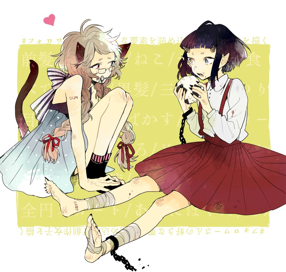 2girls animal_ears ankle_cuffs aono_nachi arm_tattoo bandaged_foot bandaged_leg bandages barefoot black_hair black_nails blue_dress blunt_bangs braid brown_hair buttons cat_ears cat_girl cat_tail chain commentary_request cuffs dress eating food food_on_face freckles full_body glasses heart heterochromia horns key knees_up long_hair long_sleeves mouth_hold multiple_girls nail_polish number_tattoo onigiri open_mouth original pointy_ears red_skirt ribbon shirt short_hair sitting skirt small_horns suspender_skirt suspenders tail tail_raised tattoo text_background toenail_polish toenails twin_braids white_shirt yellow_eyes