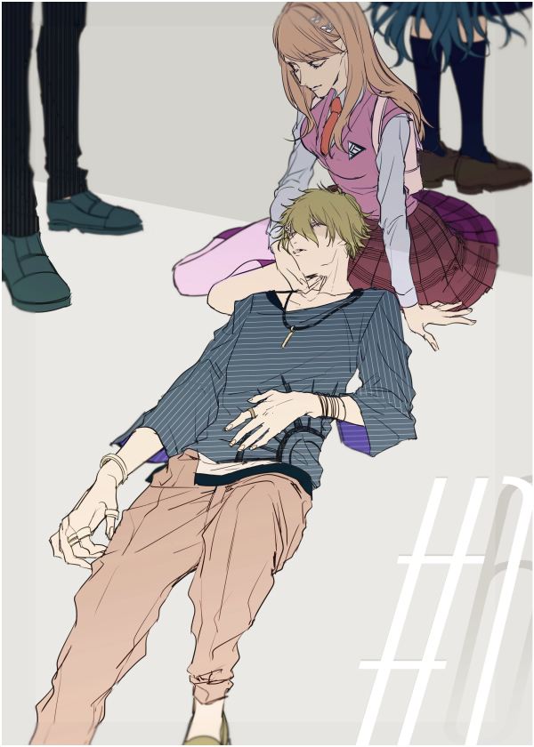 2boys 2girls akamatsu_kaede amami_rantaro backpack bag black_bracelet black_pants blonde_hair blue_footwear blue_hair blue_shirt blue_skirt blue_sleeves brown_footwear brown_pants closed_eyes closed_mouth collared_shirt danganronpa_(series) danganronpa_v3:_killing_harmony fingernails foot_out_of_frame full_body green_footwear green_hair grey_background hair_ornament hand_on_another's_chin hand_on_own_stomach jewelry kneehighs legs loafers long_hair long_sleeves me_(lililico) medium_skirt multiple_boys multiple_girls multiple_rings musical_note musical_note_hair_ornament necktie orange_necktie pants parted_lips pendant pink_bag pink_vest ring saihara_shuichi shade shirogane_tsumugi shirt shoes short_hair simple_background sitting skirt sleeves_past_elbows socks spoilers striped_clothes striped_shirt vertical-striped_sleeves very_long_hair vest white_bracelet white_shirt white_sleeves yokozuwari
