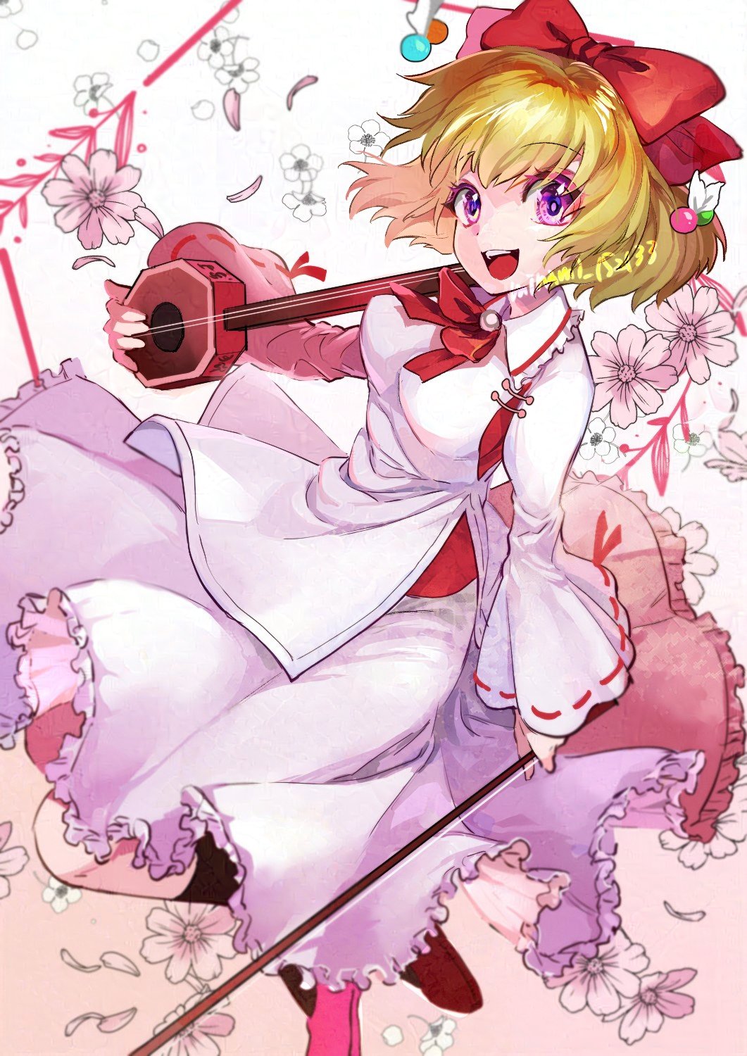 1girl boots bow bow_(music) breasts brown_footwear collared_shirt commentary_request detached_sleeves erhu feet_out_of_frame flower frilled_skirt frills hair_bow happy highres holding holding_instrument instrument japanese_clothes kariginu long_sleeves medium_breasts minami_152133 neck_ribbon open_mouth purple_eyes red_bow ribbon satsuki_rin shirt skirt solo teeth touhou upper_teeth_only white_background white_flower white_skirt white_sleeves wide_sleeves