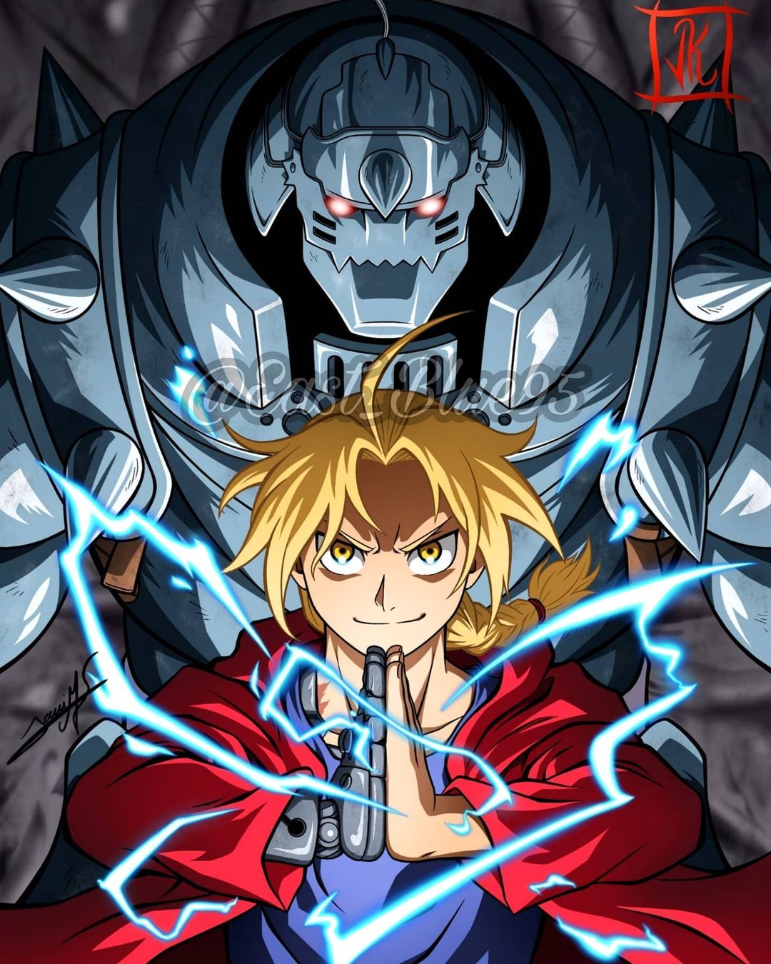 2boys alphonse_elric armor bad_source blonde_hair blue_shirt braid braided_ponytail brothers coat cowboy_shot eastblue_95 edward_elric electricity english_commentary floating_hair full_armor fullmetal_alchemist highres hood hooded_coat looking_at_viewer male_focus mechanical_arms multiple_boys parted_bangs red_coat red_eyes shirt siblings signature single_mechanical_arm smile twitter_username yellow_eyes