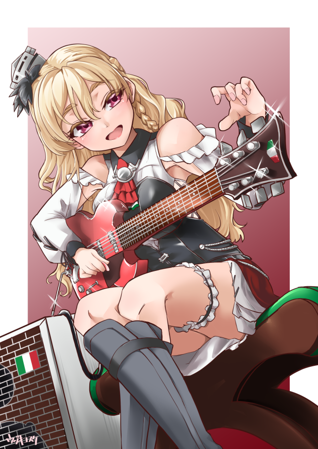 1girl amplifier ascot bare_shoulders blonde_hair bodice braid breasts bridal_garter brown_eyes chair commentary_request corset crossed_legs electric_guitar feet_out_of_frame french_braid gibson_sg glint guitar hat instrument italian_flag kantai_collection long_hair medium_breasts mini_hat miniskirt open_mouth red_ascot red_skirt shirt side_braid sitting skirt solo thigh_strap tilted_headwear udukikosuke wavy_hair white_shirt zara_(kancolle) zara_due_(kancolle)