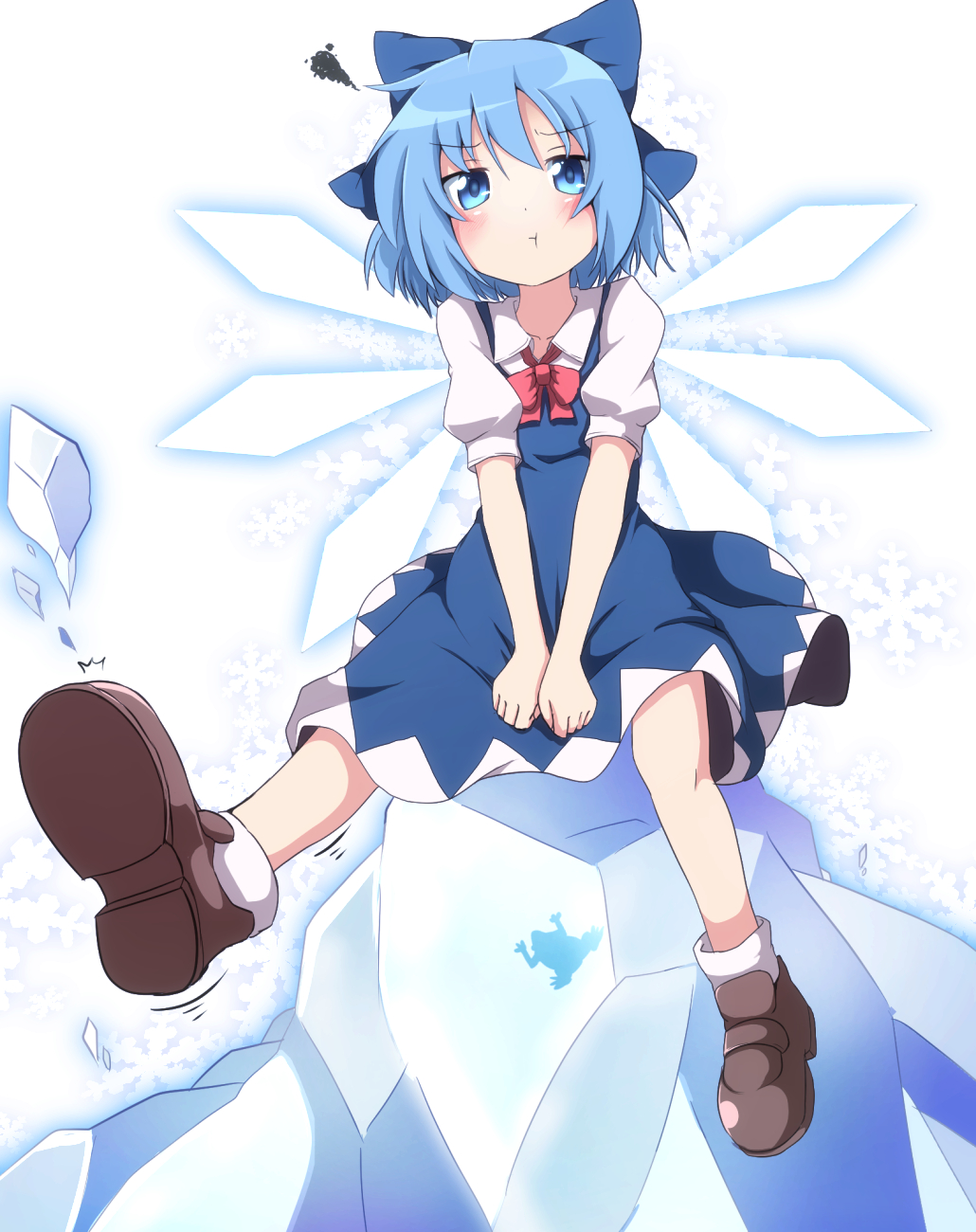 blue_eyes blue_hair blue_skirt bored bow cirno do_(4-rt) frog frozen frozen_frog hair_bow highres ice ice_block ice_wings kicking looking_at_viewer pout puffy_sleeves shirt short_sleeves sitting skirt solo squiggle touhou v_arms wings