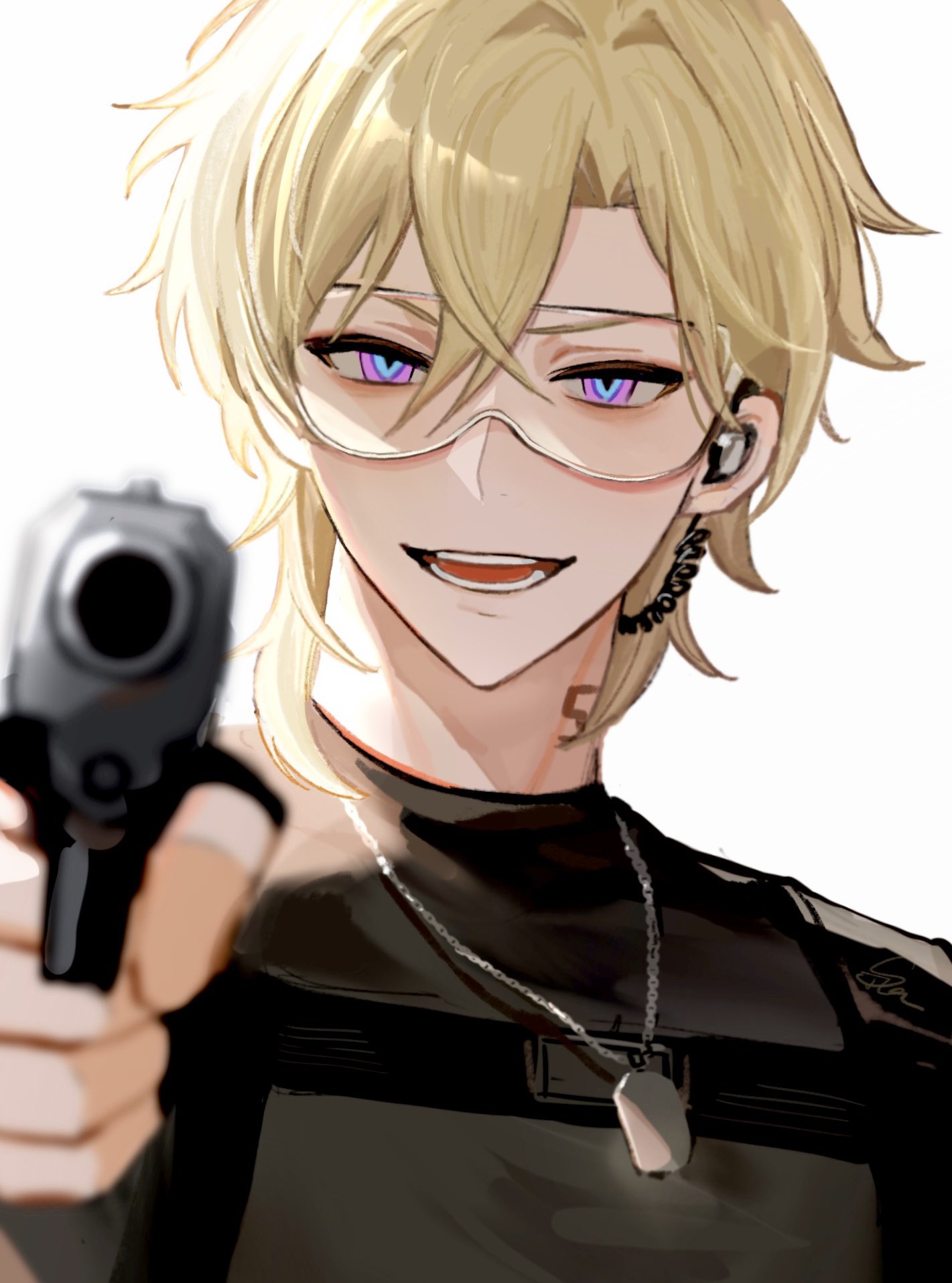 1boy :d aiming aiming_at_viewer artist_name aventurine_(honkai:_star_rail) black_shirt blonde_hair blue_eyes blurry blurry_foreground c_for_cola commentary crossed_bangs dog_tags earpiece gun hair_between_eyes handgun highres holding holding_gun holding_weapon honkai:_star_rail honkai_(series) jewelry looking_at_viewer male_focus multicolored_eyes neck_tattoo necklace official_alternate_costume open_mouth parted_bangs purple_eyes safety_glasses shirt short_hair signature simple_background smile solo symbol-only_commentary tattoo teeth tongue tongue_out upper_body weapon white_background