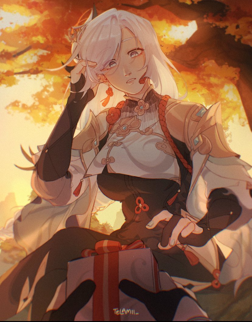 1girl artist_name autumn_leaves blue_eyes blue_nails bodysuit box braid breast_curtain breasts bright_pupils chinese_clothes clothing_cutout commentary earrings english_commentary film_grain genshin_impact gift gift_box gloves gold_trim hair_ornament hand_in_own_hair hip_vent holding holding_box jewelry large_breasts long_hair navel partially_fingerless_gloves second-party_source shenhe_(genshin_impact) shoulder_cutout sitting surprised swept_bangs tassel tassel_earrings teeth telamii tree very_long_hair white_hair white_pupils wide-eyed