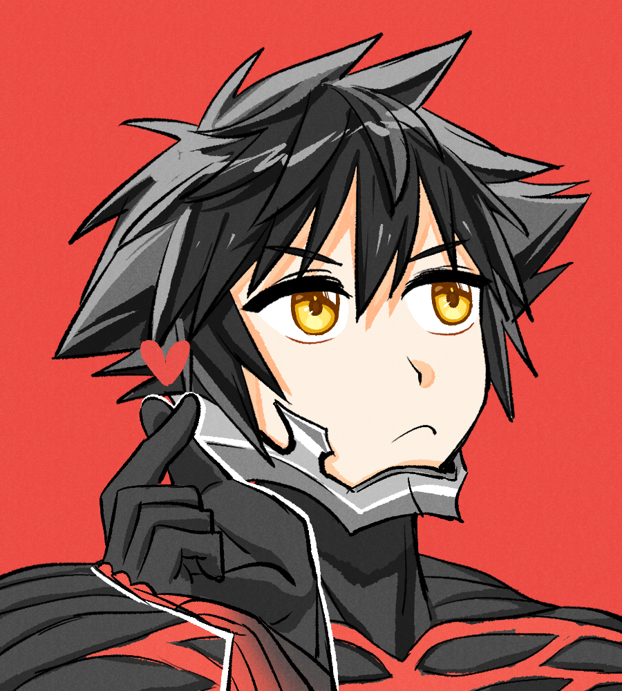 1boy averting_eyes black_bodysuit black_hair bodysuit closed_mouth finger_heart heart kingdom_hearts kingdom_hearts_birth_by_sleep outline red_background short_hair simple_background solo spiked_hair sunx7443 vanitas_(kingdom_hearts) white_outline yellow_eyes