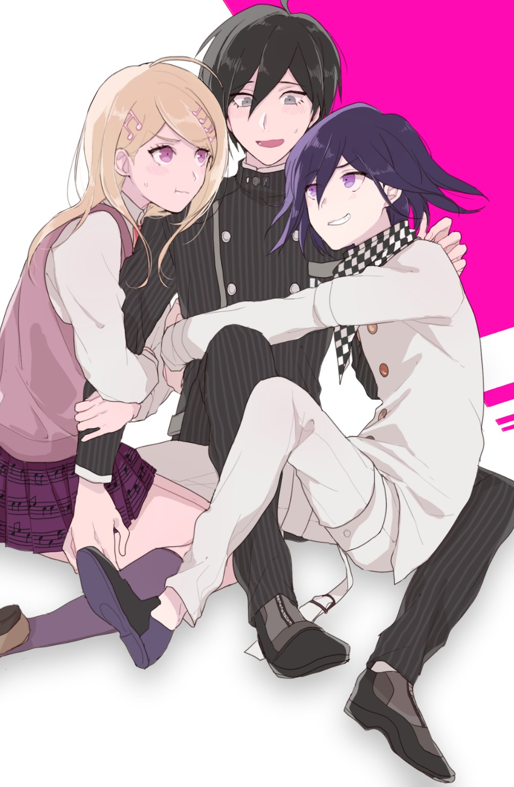 1girl 2boys :t ahoge akamatsu_kaede arm_around_neck arm_belt arms_around_waist belt belt_buckle bisexual_male black_hair black_jacket black_pants black_scarf black_sleeves blonde_hair brown_footwear buckle buttons checkered_clothes checkered_scarf collared_jacket collared_shirt danganronpa_(series) danganronpa_v3:_killing_harmony double-breasted eyelashes fingernails full_body furrowed_brow grey_eyes grin hair_ornament hand_on_another's_back high_collar highres holding_another's_arm hrwt_dayo hug jacket kneehighs layered_sleeves long_hair long_sleeves looking_at_another lower_teeth_only miniskirt multiple_belts multiple_boys musical_note musical_note_hair_ornament musical_note_print necktie nervous_smile oma_kokichi open_mouth orange_necktie pale_skin pants pink_background pink_eyes pink_skirt pink_vest pinstripe_jacket pinstripe_pants pinstripe_pattern pleated_skirt pout purple_eyes purple_hair purple_socks saihara_shuichi scarf shirt shoes short_hair simple_background sitting sitting_on_lap sitting_on_person skirt smile socks sweat sweatdrop teeth thigh_belt thigh_strap third-party_source two-tone_background two-tone_scarf vertical-striped_sleeves vest white_background white_belt white_jacket white_pants white_scarf white_shirt white_sleeves white_socks yokozuwari