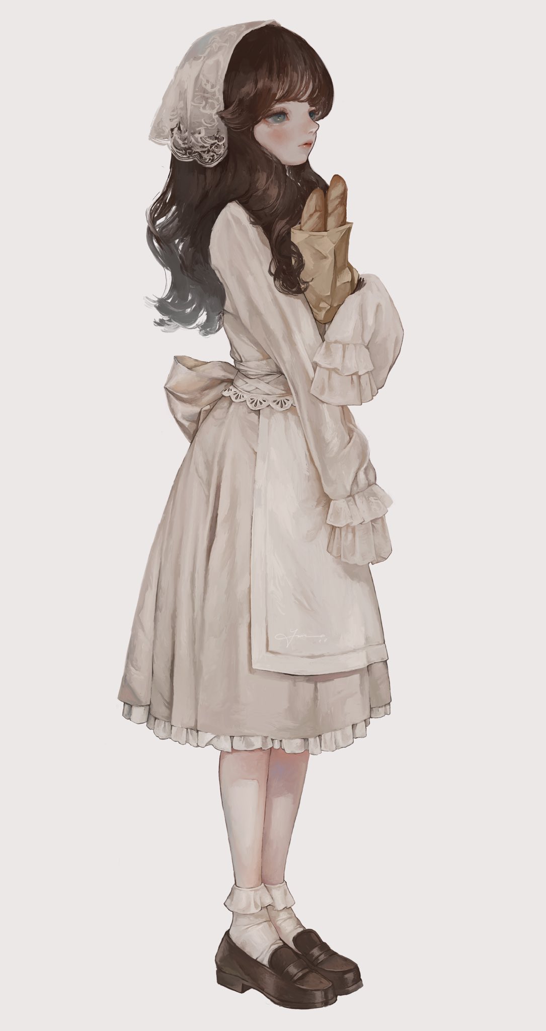 12yun30 1girl apron bag blue_eyes blush bobby_socks bread brown_hair commentary dress expressionless food full_body grey_background head_scarf highres holding holding_bag loafers long_hair looking_to_the_side original shoes simple_background sleeves_past_fingers sleeves_past_wrists socks solo white_dress white_socks