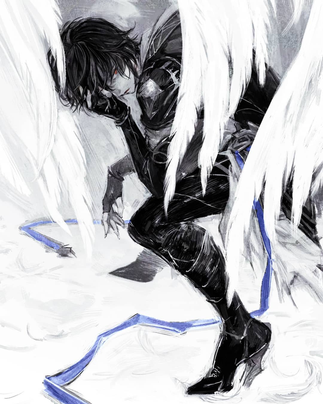 1boy armor artbook artist_request belt bishounen black_hair blue_belt boots cape commentary feathered_wings feathers fingerless_gloves full_body gloves granblue_fantasy greyscale hand_in_own_hair hand_on_own_face high_heel_boots high_heels highres hood hood_down limited_palette looking_to_the_side messy_hair monochrome official_art red_eyes sandalphon_(granblue_fantasy) short_hair sitting sketch solo_focus spot_color turtleneck white_background white_wings wings