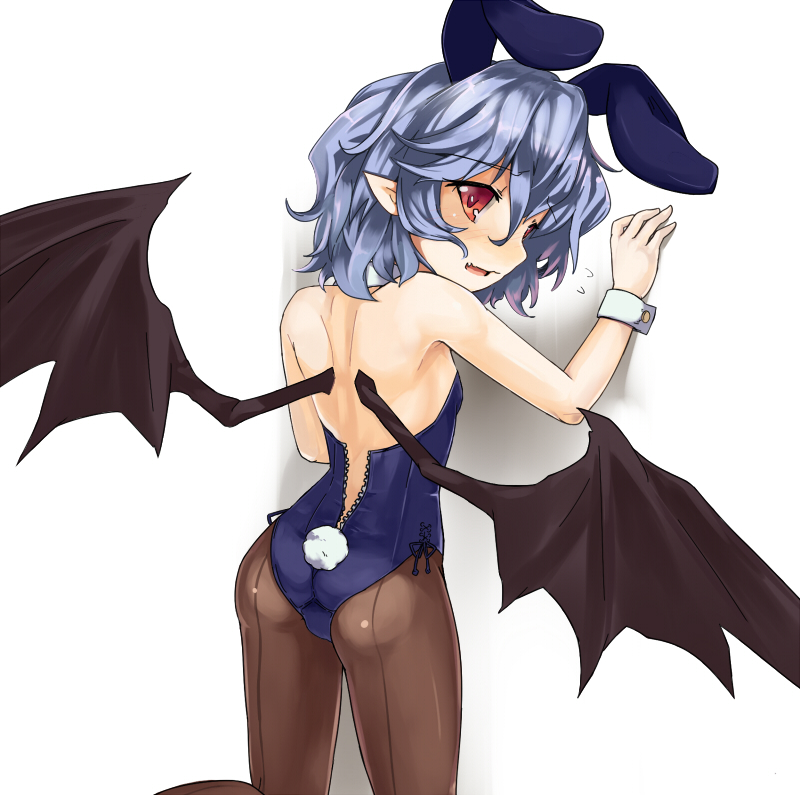 animal_ears ass back bare_arms bare_shoulders bat_wings black_legwear blue_hair blue_leotard bunny_ears bunny_girl bunny_tail bunnysuit fake_animal_ears fang flying_sweatdrops leotard looking_at_viewer looking_back open_mouth pantyhose pointy_ears red_eyes remilia_scarlet solo tail tasuki_seiichi touhou unzipped wings wrist_cuffs