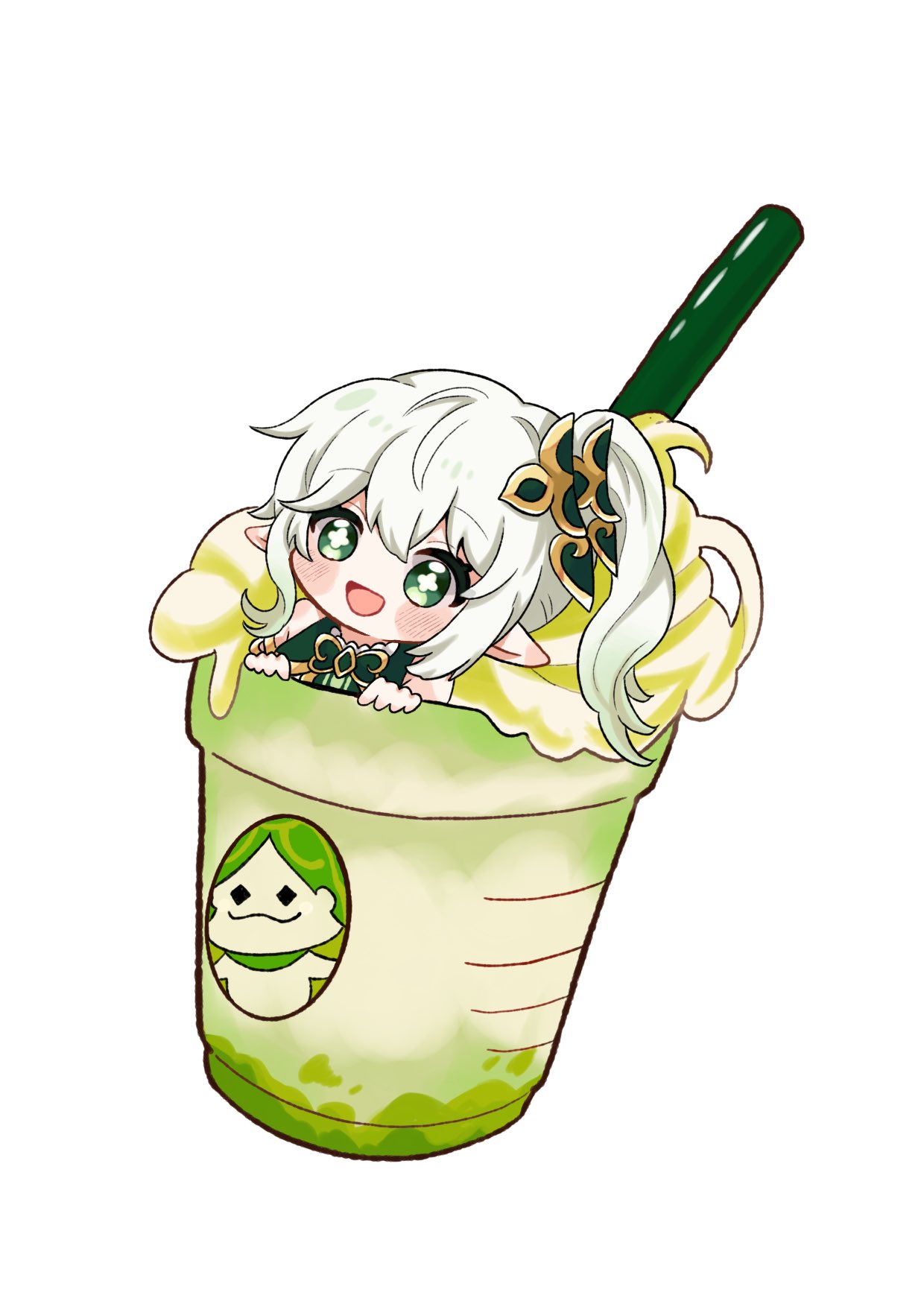 1girl :d aranara_(genshin_impact) bare_shoulders blush cross-shaped_pupils cup disposable_cup dress drinking_straw eyelashes genshin_impact gradient_hair green_eyes green_hair hair_between_eyes hair_ornament hands_up highres in_container in_cup kogamo_(user_vajm2737) long_hair looking_at_viewer mini_person minigirl multicolored_hair nahida_(genshin_impact) open_mouth pointy_ears side_ponytail sidelocks simple_background sleeveless sleeveless_dress smile solo symbol-shaped_pupils whipped_cream white_background white_hair