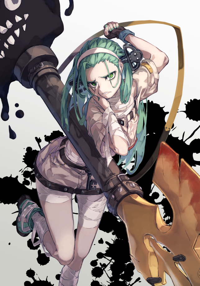 1girl a.b.a bandaged_leg bandages fingerless_gloves gloves green_eyes green_hair green_nails guilty_gear guilty_gear_strive looking_at_viewer online_neet paracelsus sarashi shirt shoes shorts single_fingerless_glove white_shirt white_shorts