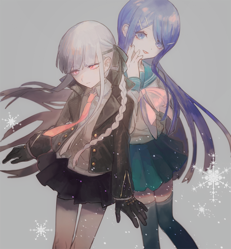 2girls 9ji_(48792047) black_bow black_gloves black_jacket black_skirt black_sleeves black_socks blue_eyes blue_hair blue_sailor_collar blue_skirt blunt_bangs bow braid buttons closed_mouth coattails collared_jacket collared_shirt commentary_request cowboy_shot danganronpa:_trigger_happy_havoc danganronpa_(series) expressionless eyelashes fingernails gloves grey_background grey_shirt hair_bow hair_ornament hairclip half-closed_eyes hand_on_own_cheek hand_on_own_face jacket kirigiri_kyoko knees lace-trimmed_collar lace_trim layered_sleeves leather leather_jacket long_hair long_sleeves looking_ahead looking_at_viewer maizono_sayaka miniskirt multiple_girls necktie open_clothes open_jacket open_mouth over-kneehighs pink_bow pink_eyes pleated_skirt purple_hair red_necktie sailor_collar school_uniform serafuku shirt simple_background single_braid skirt sleeves_past_wrists smile snowflakes socks thighhighs very_long_hair white_shirt white_sleeves white_undershirt