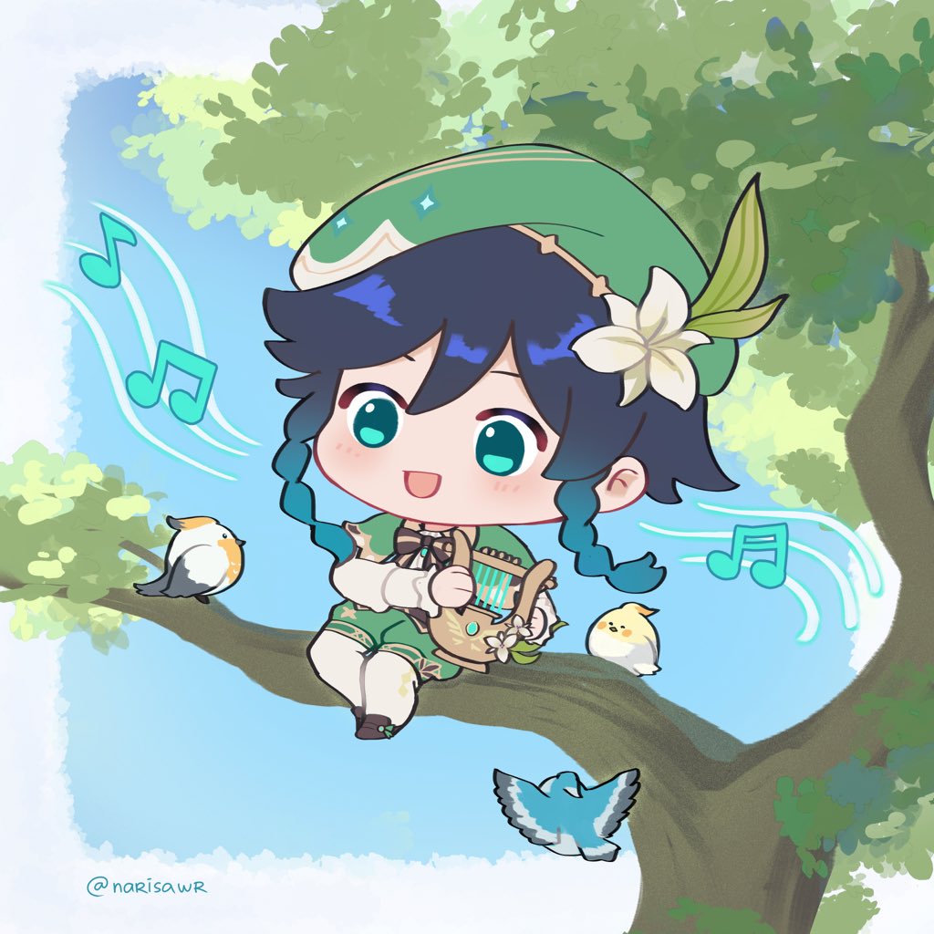 1boy :d androgynous aqua_eyes aqua_hair bird black_hair braid branch brooch brown_footwear cape chibi collared_cape commentary english_commentary flower frilled_sleeves frills full_body genshin_impact gradient_hair green_cape green_shorts hair_between_eyes hat hat_flower holding holding_instrument in_tree instrument jewelry juliet_sleeves loafers long_sleeves lyre male_focus multicolored_hair musical_note narisawr pantyhose puffy_sleeves second-party_source shirt shoes short_hair_with_long_locks shorts sitting sitting_in_tree sky smile solo tree twin_braids venti_(genshin_impact) white_flower white_pantyhose white_shirt