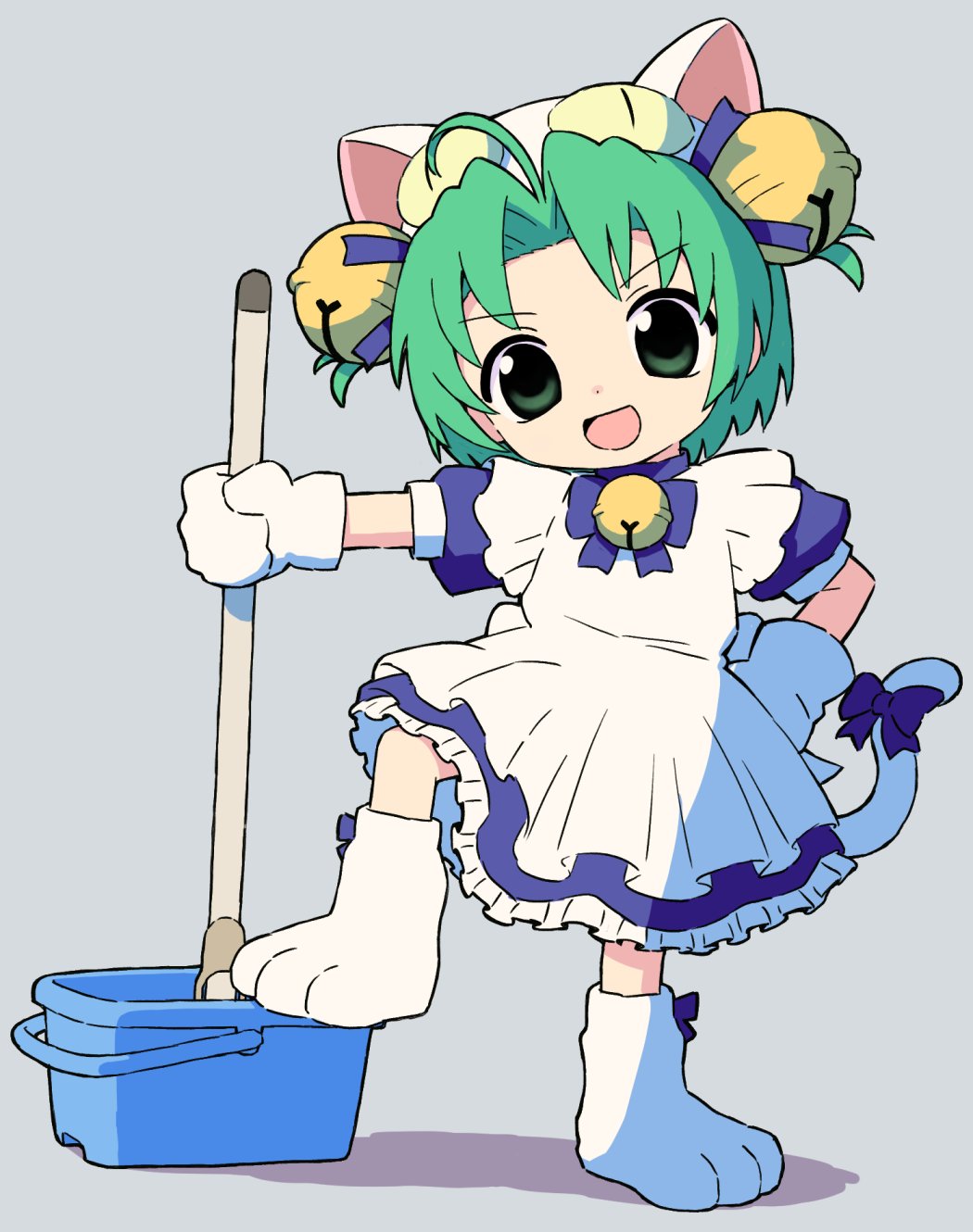 1girl ahoge animal_hat apron bell blue_bow blue_dress bow bucket captain_morgan_pose cat_hat cat_tail curtained_hair dejiko di_gi_charat dress full_body gloves green_eyes green_hair grey_background hair_bell hair_ornament hand_on_own_hip hat head_tilt highres holding holding_mop jingle_bell looking_at_viewer maid maid_apron mop neck_bell nezutako paw_shoes puffy_short_sleeves puffy_sleeves short_hair short_sleeves smile solo standing tail tail_bow tail_ornament two_side_up v-shaped_eyebrows white_apron white_gloves