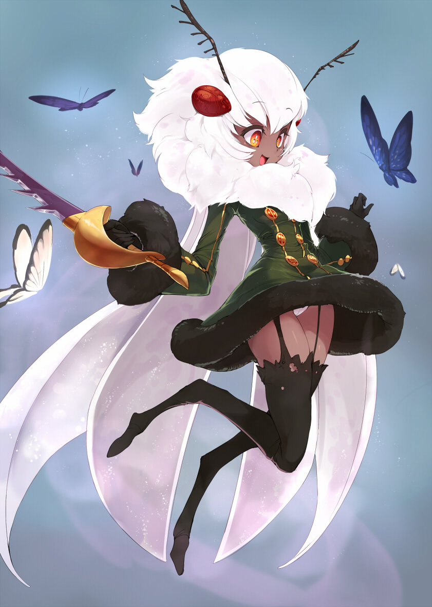 antennae ario black_gloves black_legwear bug butterfly dark_skin fur_trim garter_straps gloves insect melange_(ario) monster_girl open_mouth original panties red_eyes short_hair smile solo sword thighhighs underwear weapon white_hair white_panties