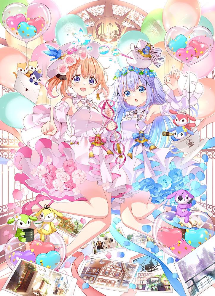 2girls animal balloon bare_shoulders blue_eyes blue_hair blush bubble cane commentary_request dress eyepatch flower gochuumon_wa_usagi_desu_ka? hat heart holding holding_cane hoto_cocoa kafuu_chino koi_(koisan) long_hair looking_at_viewer mail multiple_girls official_art ok_sign pink_footwear rabbit slippers tippy_(gochiusa)